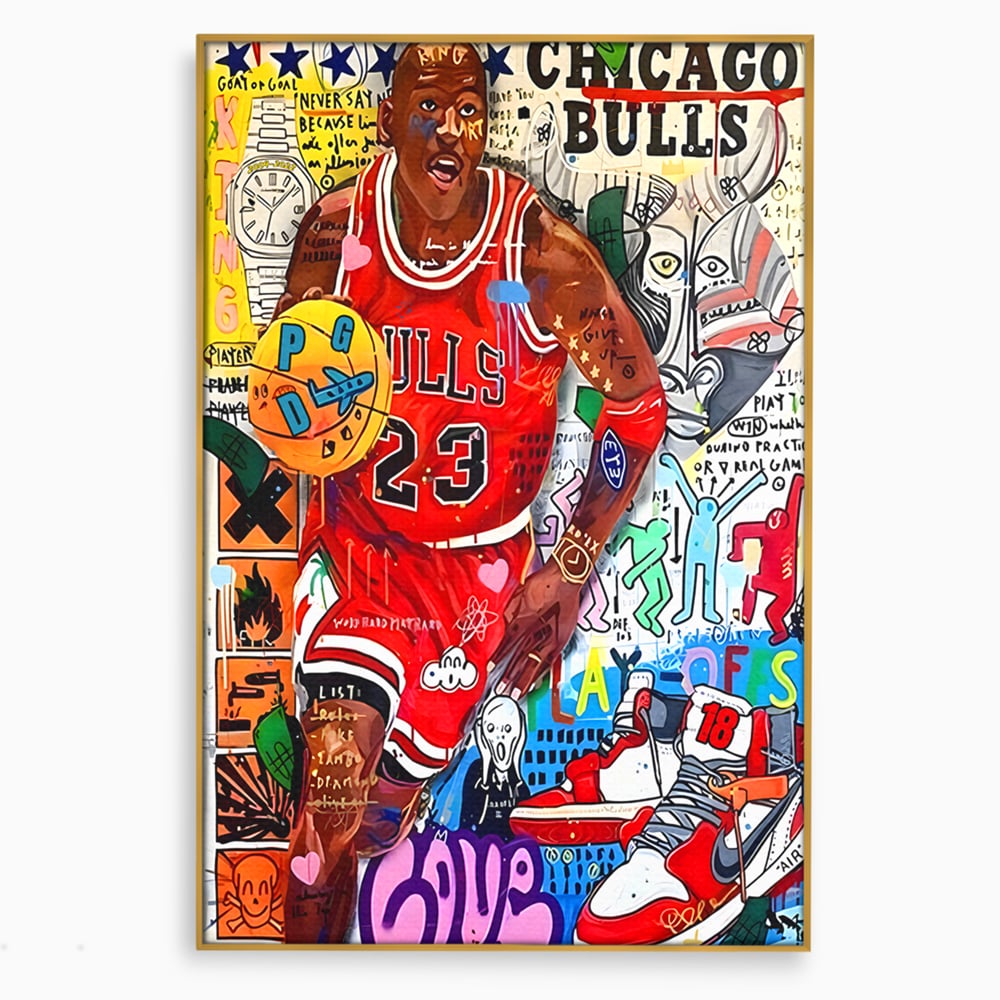 Tablou canvas cu tablou canvas cu michael jordan in stil graffiti, in rama de aluminiu auriu